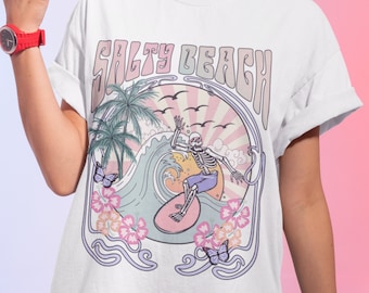 Retro Summer Surfing Tee, Surfing Skeleton T-Shirt, Summer Vibes Tee,Beach Skeleton, Palm Trees Shirt, Tropical Island Tee, Vacation Shirt