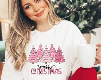 Merry Christmas Pink Trees Sweatshirt, Festive Winter Wear, Women’s Holiday Shirt, Christmas Gift, Cute Holiday Shirt, Christmas Tree Shirt