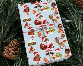 Cute Black Santa Childrens Christmas Wrapping Paper,Children Christmas Gift Wrap,Cute African American Gift Wrap,Retro Festive Gift Wrap