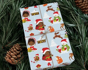 Cute Black Santa Childrens Christmas Wrapping Paper,Children Christmas Gift Wrap,Cute African American Gift Wrap,Retro Festive Gift Wrap