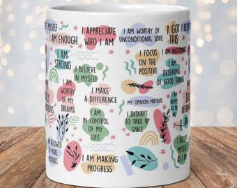 Taza de café con afirmaciones, taza motivacional con recordatorios diarios, taza con afirmaciones positivas para el cuidado personal, regalo de afirmación