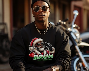 Camisa de feliz Navidad Bruh Suéter afroamericano de Papá Noel Sudadera de Navidad Bruh Cuello redondo negro de Papá Noel Camisa negra de Navidad de Papá Noel afro