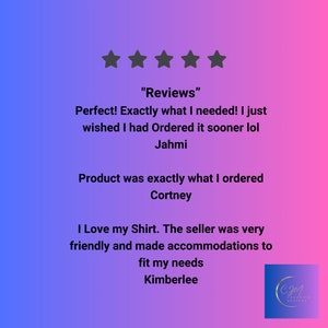 Puede incluir: Cinco estrellas de calificaci&oacute;n para un producto. Las rese&ntilde;as dicen: "&iexcl;Perfecto! &iexcl;Exactamente lo que necesitaba! Ojal&aacute; lo hubiera pedido antes lol Jahmi" y "El producto era exactamente lo que ped&iacute; Cortney" y "Me encanta mi camiseta. El vendedor fue muy amable y se adapt&oacute; para satisfacer mis necesidades Kimberlee"