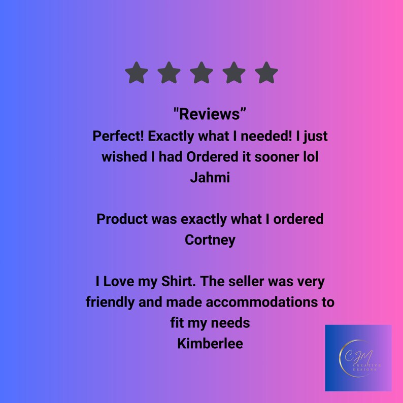 Puede incluir: Cinco estrellas de calificaci&oacute;n para un producto. Las rese&ntilde;as dicen: "&iexcl;Perfecto! &iexcl;Exactamente lo que necesitaba! Ojal&aacute; lo hubiera pedido antes lol Jahmi" y "El producto era exactamente lo que ped&iacute; Cortney" y "Me encanta mi camiseta. El vendedor fue muy amable y se adapt&oacute; para satisfacer mis necesidades Kimberlee"