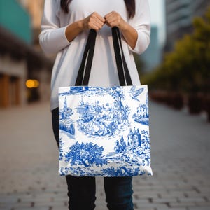 Blue Toile De Jouy and Chinoiserie Tote Bag, Reusable Grocery Bag, Eco-Friendly Carryall, Shopping Tote, Beach Bag, Shoulder Bag