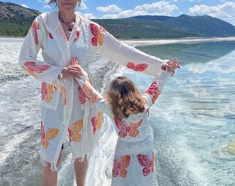 MOTHER and DAUGHTER SET, Butterfly Dream Cotton Beachwear, Organic Beachwear, Beach Blanket, Cotton Towel, Beach Skirt, Beach Coverup,kimono