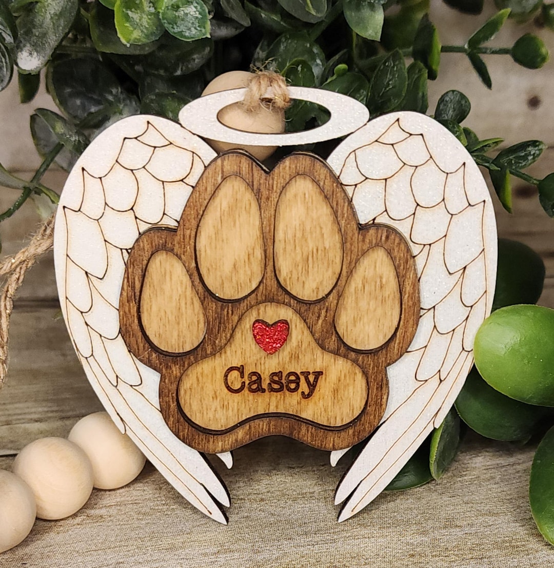 Personalized Dog Memorial Ornament – Angel Wings, Paw Print & Halo ...