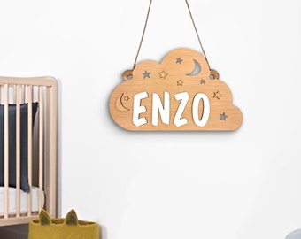 Placa Nube de madera personalizada con nombre o frase para puerta o pared, decoración para habitación infantil