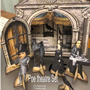 afdrukbare Edgar Allan Poe Theatre-set met miniatuurtheaterfiguren. Ongeveer 7 x 6 inch met instructies voor collage gotische macabere kit