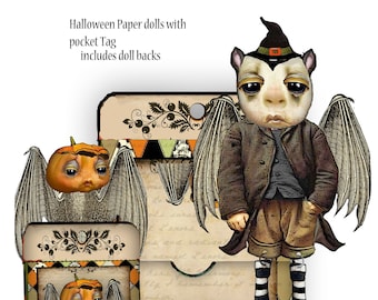 printable Halloween bats paper doll articulated with tag and pocket storage great for journals collage scrapbooking  DIY ephemera craft art