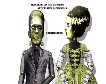 Printable Halloween Paper doll Frankenstein and his bride paper doll puppets steampunk gothic