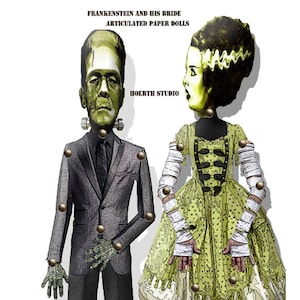 Muñeca de papel de Halloween imprimible Frankenstein y su novia, marionetas de papel, steampunk, góticas