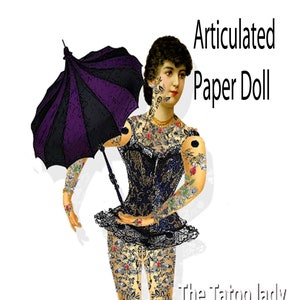 Afdrukbare Victoriaanse papieren pop Tattoo Lady circus Gelede steampunk circuspop ephemera vintage look Victoriaanse pop voor plakboek