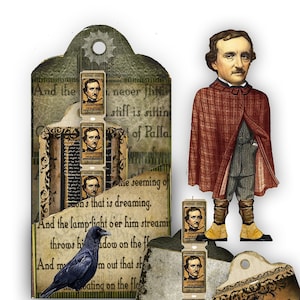 printable Edgar Allan Poe Pocket tag and paper doll with ephemera collage journaling gift tags junk journals and scrapbook DIy craft item