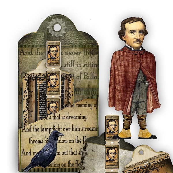 printable Edgar Allan Poe Pocket tag and paper doll with ephemera collage journaling gift tags junk journals and scrapbook DIy craft item