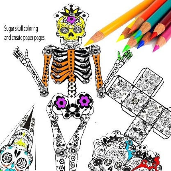 Day of the Dead sugar skull set to  color, black and white four file set, including a banner sugar cube  skeleton fan great halloween decor