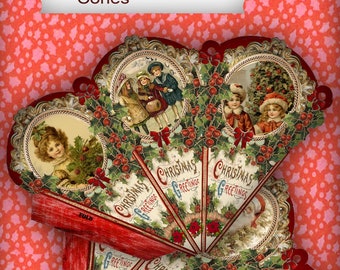 two printable Victorian Holiday Cones great tree ornaments, gift giving candy holder DIY Christmas project two files in Jpeg and PDF  decor