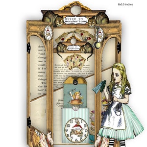 Carte imprimable pour armoire Alice au pays des merveilles avec pochettes et papiers éphémères pour scrapbooking, plus un journal avec une poupée en papier Alice et des étiquettes