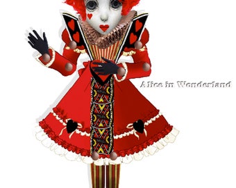 Queen of Hearts Alice in Wonderland paper doll cutout ephemera DIY cut and paste paper puppet craft sheet collage sheet