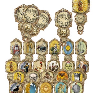 Foglio di collage con ventaglio vittoriano raffigurante una cartomante, ideale per decorazioni fai da te o per album di ritagli con cartomante.