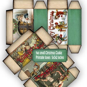 Op de afbeelding: Printbare kerstkoekjesdozen met vintage illustraties. De dozen bevatten afbeeldingen van de kerstman, kinderen en de tekst "Merry Christmas". Elke doos meet 12.7x7.6x5.1 cm.