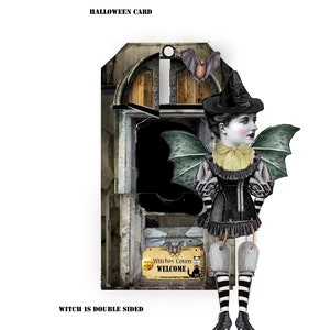 May include: A steampunk witch Halloween card featuring a black and white witch with green wings, a black hat, and a black and white striped dress. The witch is standing in front of a door with a sign that says "Witches Coven Welcome".