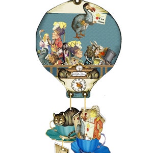 Alice in Wonderland printable collage sheets with mobile hot air balloon and characters for craft projects clip art ephemera