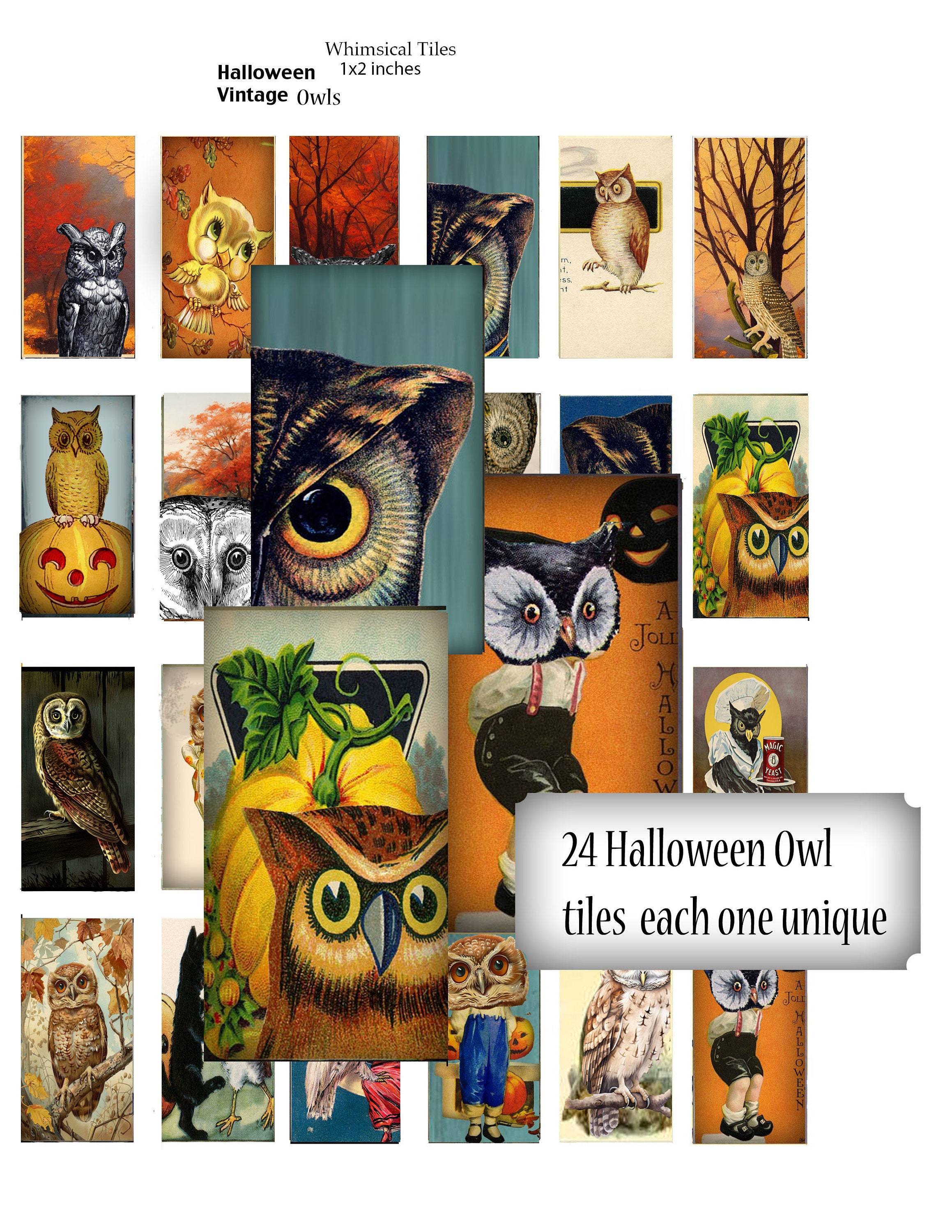 Halloween Owl Domino Tiles: Whimsical Collage Sheet (PDF & JPEG