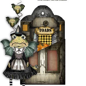 May include: A Halloween paper doll depicting a frog with bat wings, a witch's hat, and a black and white dress. The doll is set against a haunted house backdrop with a sign reading "TOADS". The image also includes the text "HALLOWEEN TOADS".