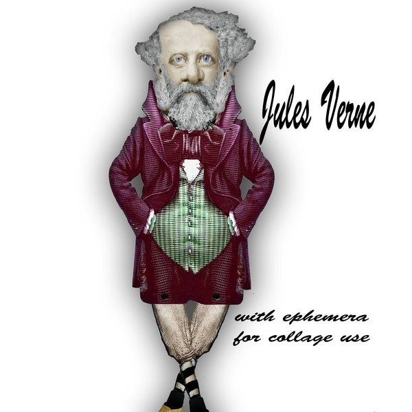 printable steampunk collage sheet paper doll Jules Verne for cards and steampunk journals craft project collage items DIY craft art
