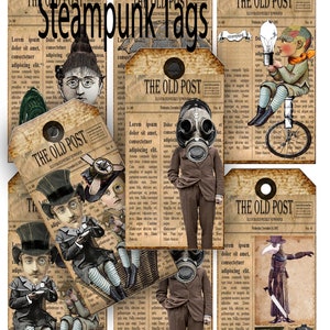 Afdrukbare steampunk grunge-tags voor journaling plakboek en efemere benodigdheden craft DIY-kaarten zes victoriaanse stoomontwerpkaarten
