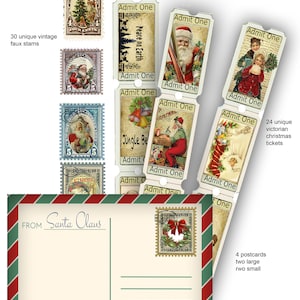Vintage viktorianische Weihnachten Ephemera Clip Art zum ausdrucken mit Faux Briefmarken, Faux Tickets und Postkarten ideal für Journaling Geschenk Handwerk