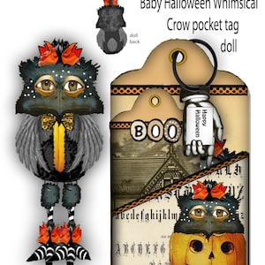 Afdrukbare, grillige Halloween Bird Crow-papieren pop met pockettag en ephemera, ideaal voor scrapbooking en journaling. DIY-knutselprojectpop