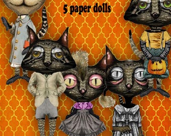 Könnte beinhalten: Fünf Papierpuppen mit Katzenköpfen und verschiedenen Outfits, vor einem orangefarbenen Hintergrundmuster. Der Text "Halloween Alley Cats" und "5 Dateien, 5 Papierpuppen" werden angezeigt.