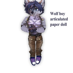 Printable paper doll wolf furry adopt articulated puppet craft sheet collage sheet