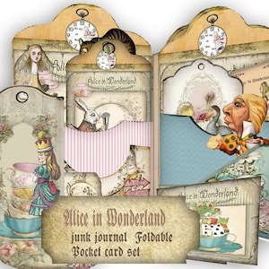 Alice au pays des merveilles imprimable pliable pour les journaux, les carnets de bord, les albums de coupures et les cartes et plus encore, comprend une image clipart Alice et ses amis