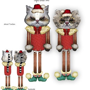 afdrukbare kerstkatten collage met twee voor- en achterkant papierpoppen voor plakboekprojecten en journaling Kaarten of kerstboom Doe-het-zelf