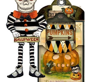 May include: A Halloween-themed paper doll and pocket tag set. The doll is a skeleton with a black and white striped shirt, orange collar, and black bow tie. The pocket tag features pumpkins, cats, and the word "PUMPKINS". The text "HALLOWEEN" is visible.