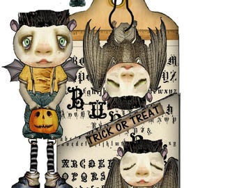 May include: A whimsical Halloween doll with a bat-like appearance, holding a pumpkin. The doll has a pale face, green eyes, and black hair. The image includes the text "Bat Boy Halloween doll" and "TRICK OR TREAT".