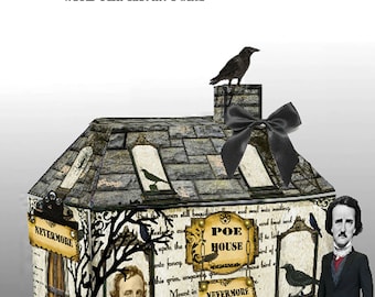 May include: A papercraft haunted house with a black raven perched on the roof. The house is decorated with a black bow, a sign that reads "Poe House", and a quote from Edgar Allan Poe's poem "The Raven".