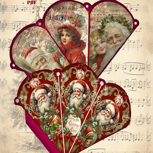 Puede incluir: Dos plantillas imprimibles de conos navideños victorianos con imágenes de Papá Noel, niños y saludos festivos. Los conos están diseñados para ser recortados y ensamblados.