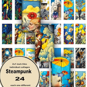 May include: A set of 24 whimsical Steampunk-themed tiles, each 5.08 x 2.54 cm, showcasing individual collages. The artwork includes a toucan, a boy painting a sky, and a person with butterflies for a head. The text reads "Steampunk 24 each one different."