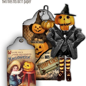 druckbare Kürbis Themen Halloween Papierpuppe und Tasche mit Tag Set Collage Gelenkpuppe für Scrapbooks Journal Geschenkkarten Basteln