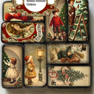 May include: A collection of rectangular Victorian Christmas-themed images. The images feature children, Christmas trees, snow, and the text "Merry Christmas." The top image has the text "1x2 inch Holiday Victorian Children."