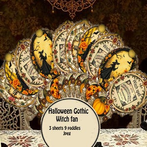以下が含まれることがあります： ハロウィーンゴシック魔女ファンのコレクション。各ファンは魔女のシルエット、ウィジャボード、花のアクセントが特徴です。ファンは半円形に配置され、カボチャとコウモリが見えます。画像には「ハロウィーンゴシック魔女ファン」と書かれています。