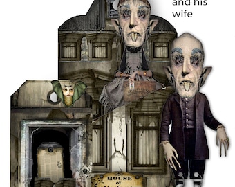 Printable Nosferatu pocket tag and paper doll Gothic Nosferatu and wife ephemera collage sheets for scrapbooking journaling and Halloween