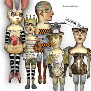 May include: Steampunk Mix and Match dolls. The image shows five paper dolls with unique designs. One doll has bunny ears, another wears a crown, and a third has a clock on its torso. The text "Steampunk Mix and Match dolls" and "4 sheets of doll parts" are visible.