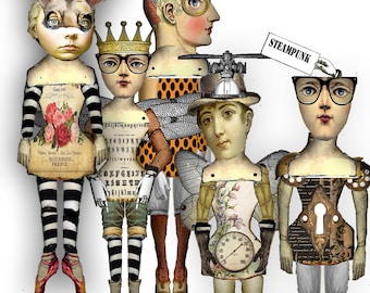 Steampunk Paper Dolls Collage Sheet: Mix & Match Junk Journal and scrapbook bits (Digital Download)