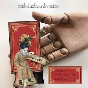 Scatola di fiammiferi stampabile "A Christmas Carol" facile da realizzare con istruzioni, scatola da 2x4 pollici e due personaggi con effimeri, ottimo regalo per la calza della Befana