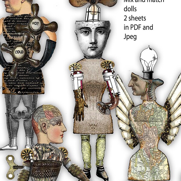 Steampunk mix and match paper dolls download fussy cuts collage sheet victorian vintage look torso, heads, wings and arms junk journal clips